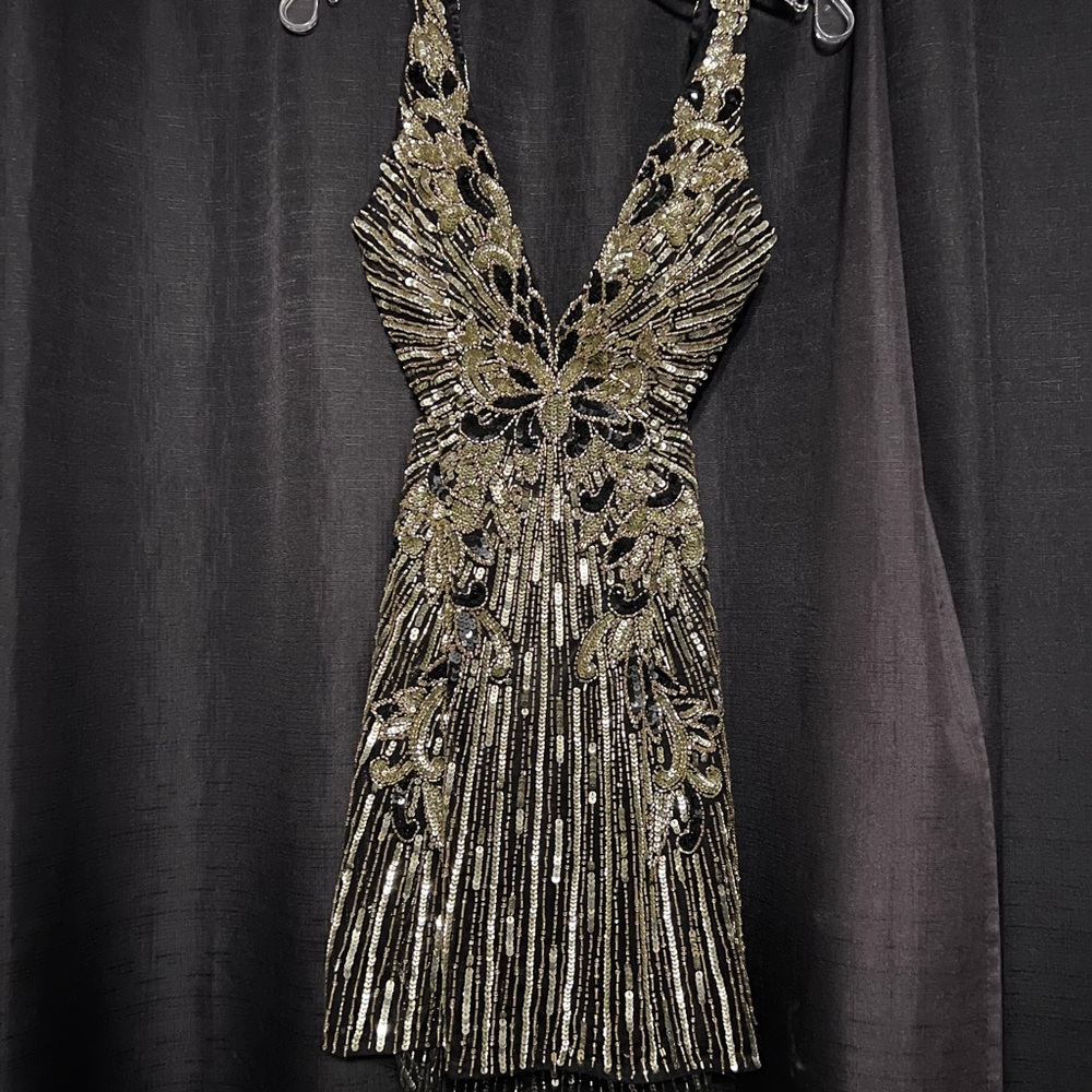 Primavera Couture Black and Gold Mini Dress